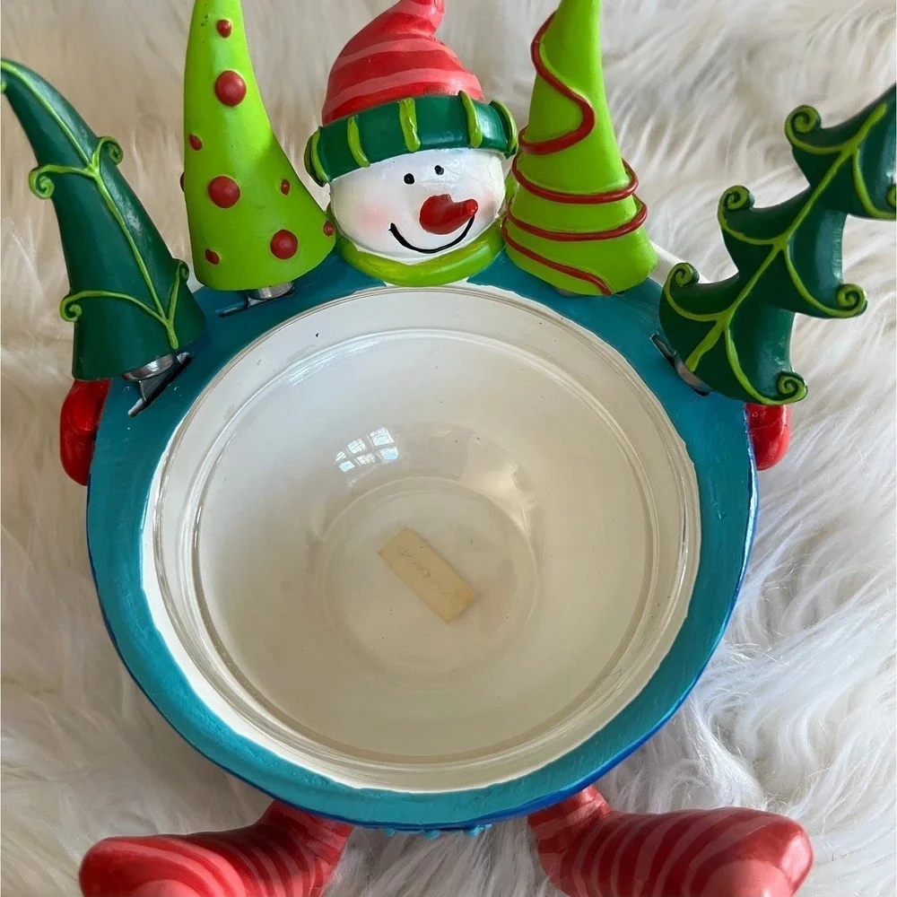 Snowman Christmas Dip Bowl Set with 4 Tree Handle Stainless Steel Spreaders